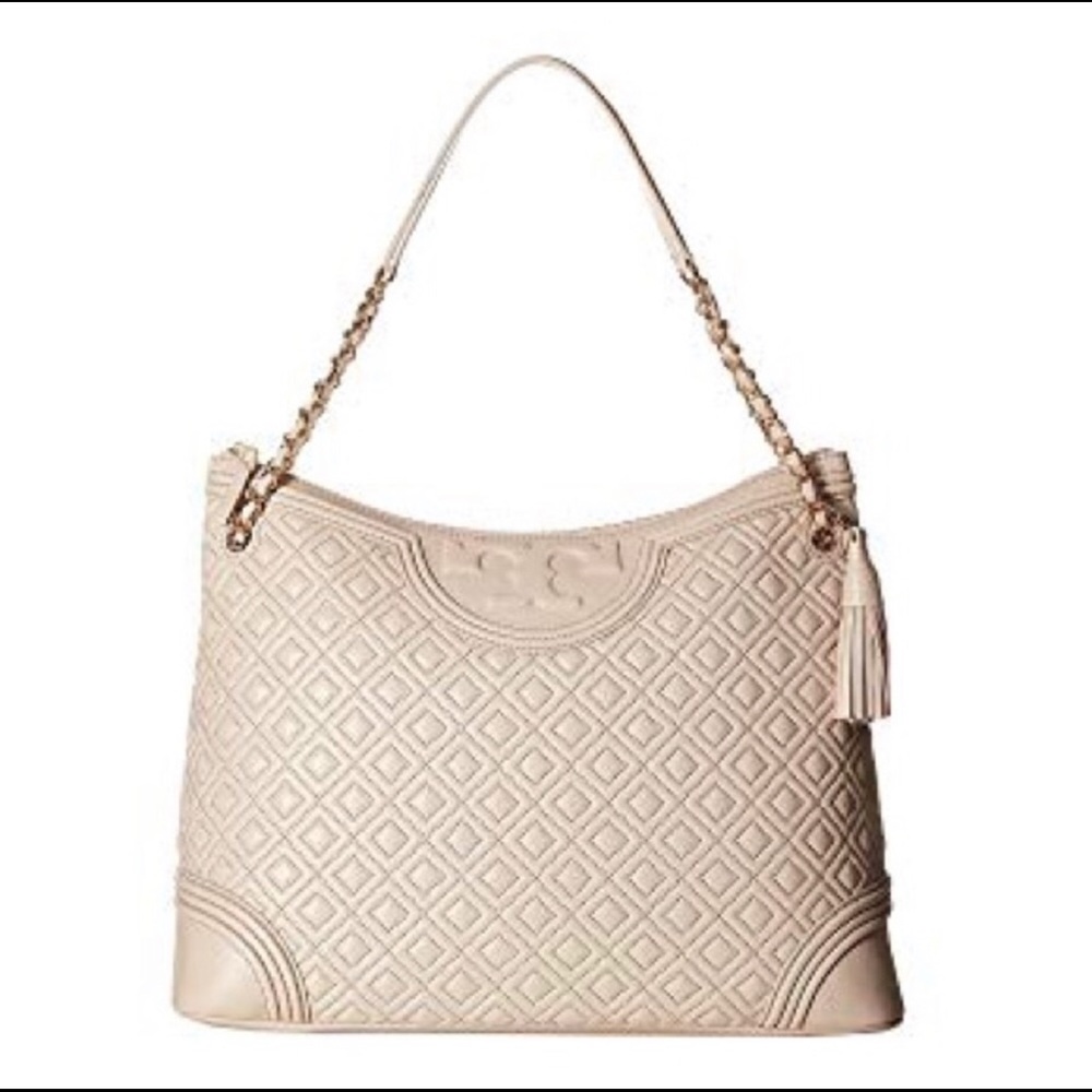 Auth. Tory Burch Fleming Quilted Leather Tote Bag